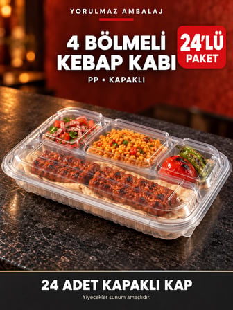 4 Bölmeli PP Kapaklı Kebap Kabı 24’lü Paket – Şeffaf Yemek ve Menü Kabı