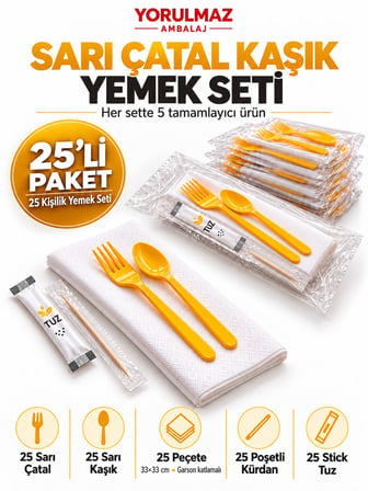 Lüks Sarı Çatal Kaşık Yemek Seti 25 Kişilik – 33×33 Cm Garson Katlamalı Peçete, Poşetli Kürdan Ve St
