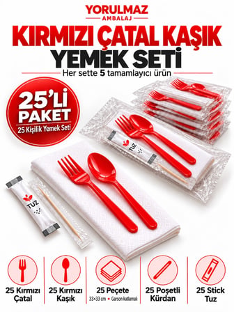 Lüks Kırmızı Çatal Kaşık Yemek Seti 25 Kişilik – 33×33 cm Garson Katlamalı Peçete, Poşetli Kürdan ve