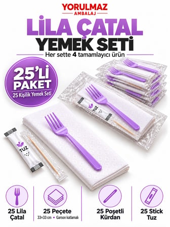 Lüks Lila Çatal Yemek Seti 25 Kişilik – 33×33 cm Garson Katlamalı Peçete, Poşetli Kürdan ve Stick Tu