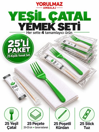 Lüks Yeşil Çatal Yemek Seti 25 Kişilik – 33×33 cm Garson Katlamalı Peçete, Poşetli Kürdan ve Stick T