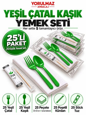 Lüks Yeşil Çatal Kaşık Yemek Seti 25 Kişilik – 33×33 cm Garson Katlamalı Peçete, Poşetli Kürdan ve S