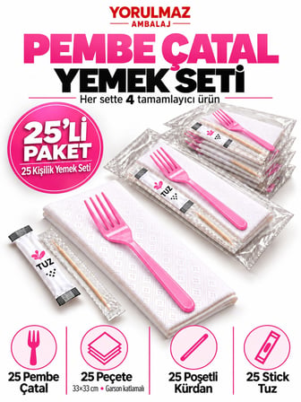 Lüks Pembe Çatal Yemek Seti 25 Kişilik – 33×33 cm Garson Katlamalı Peçete, Poşetli Kürdan ve Stick T