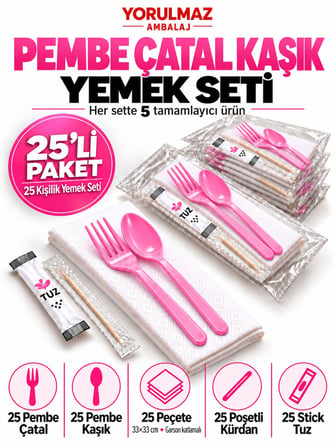 Lüks Pembe Çatal Kaşık Yemek Seti 25 Kişilik – 33×33 cm Garson Katlamalı Peçete, Poşetli Kürdan ve S