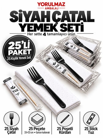 25 Kişilik Lüks Siyah Çatallı Yemek Seti – 33x33 Garson Katlama Peçete, Poşetli Kürdan ve Stick Tuz 