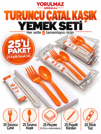 Lüks Turuncu Çatal Kaşık Yemek Seti 25 Kişilik – 33×33 cm Garson Katlamalı Peçete, Poşetli Kürdan ve