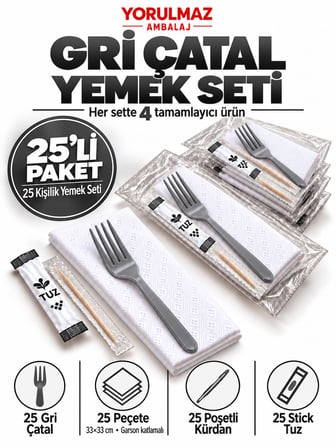 Lüks Gri Çatal Yemek Seti 25 Kişilik – 33×33 cm Garson Katlamalı Peçete, Poşetli Kürdan ve Stick Tuz