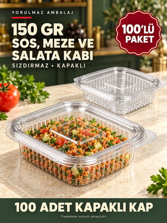 150 Gr Sızdırmaz Kapaklı Sos, Meze Ve Salata Kabı 100’lü – Şeffaf Kare Kap