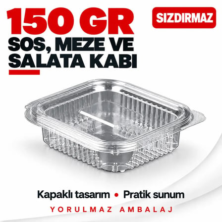 150 Gr Sızdırmaz Kapaklı Sos, Meze Ve Salata Kabı 100’lü – Şeffaf Kare Kap