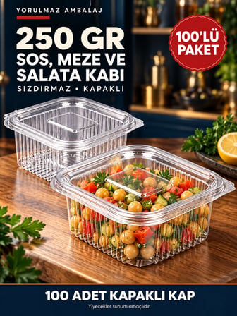 250 Gr Sızdırmaz Kapaklı Sos, Meze Ve Salata Kabı 100’lü – Şeffaf Kare Kap