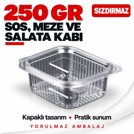 250 Gr Sızdırmaz Kapaklı Sos, Meze Ve Salata Kabı 100’lü – Şeffaf Kare Kap