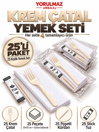 Lüks Krem Çatal Yemek Seti 25 Kişilik – 33×33 cm Garson Katlamalı Peçete, Poşetli Kürdan ve Stick Tu