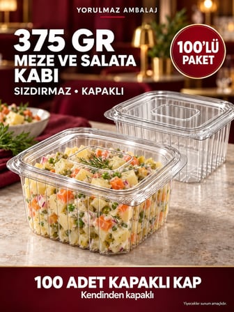 375 Gr Sızdırmaz Kapaklı Meze Ve Salata Kabı 100’lü – Şeffaf Kare Şarküteri Kabı