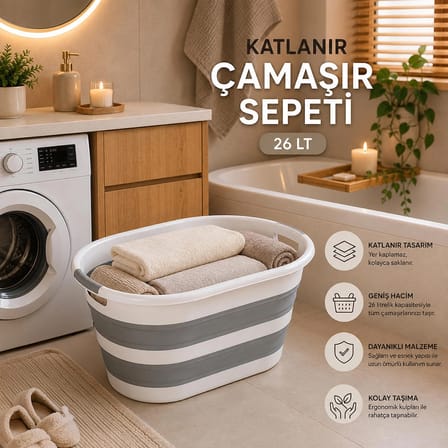 Porsima LA-550 Katlanabilir Çamaşır Sepeti Akordiyon Katlanır Sele Sepet Silikon Çamaşır Sepeti 26Lt