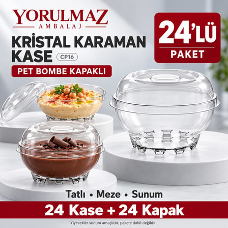 24’lü Kristal Karaman Kase CP16 – PET Bombe Kapaklı Şeffaf Plastik Tatlı ve Meze Sunum Kabı