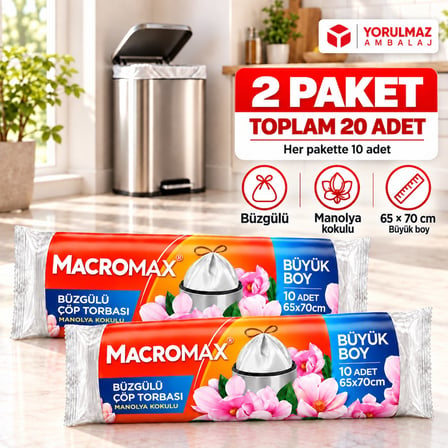 Macromax Manolya Kokulu Büzgülü Çöp Torbası Büyük Boy 65x70 cm 2 Paket Toplam 20 Adet