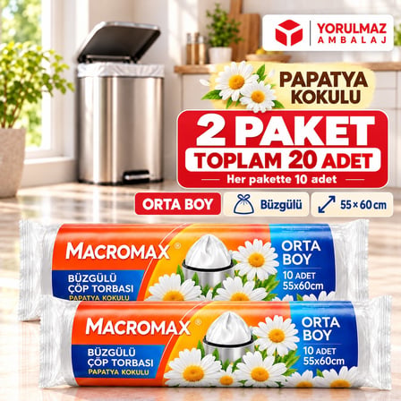 Macromax Papatya Kokulu Büzgülü Çöp Torbası Orta Boy 55x60 cm 2 Paket Toplam 20 Adet