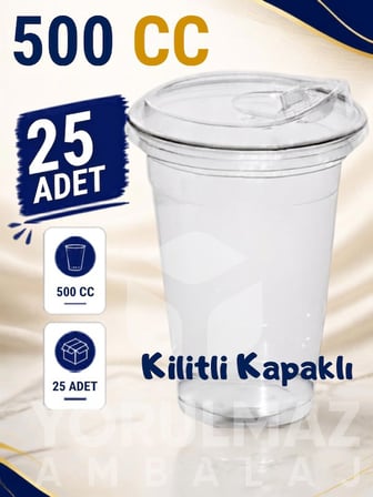 🧊 500 Cc Kilitli Kapaklı Plastik Bardak 25 Adet | 🥤 Sızdırmaz Soğuk İçecek Bardağı