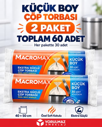 Macromax Küçük Boy Çöp Torbası 2 Paket 60 Adet 40x50 cm Ekstra Güçlü Özel Soft Kokulu