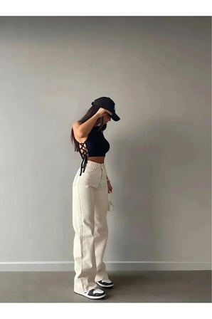 Krem Kadın Süper Yüksek Bel Salaş Jeans Palazzo Kot Pantolon-1