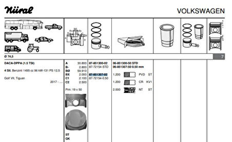 Vag Piston Segman 0.50 74,50mm Golf VII VIII 17> Leon 17> Daca Dpba 1.5 Tsi - Goetze 8772154050000g