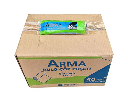 Arma Mavi Orta Boy 55x60 Cm. 30 Litre Çöp Torbası Poşeti - 20 Adetlik 50 Rulo / 1000 Adet / Koli