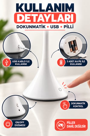 Dokunmatik LED Masa Lambası Dimmerli Esnek Akrobatik Kitap Okuma Ders Çalışma Pilli & USB Kablolu Kullanım