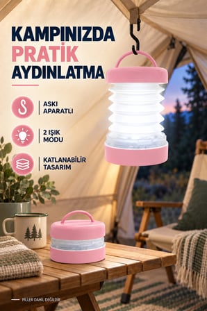 Katlanabilir Kamp Lambası Pilli 2 Işık Modlu Askılı LED Çadır Feneri Portatif Outdoor Piknik Acil Durum Lambası