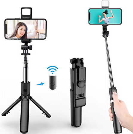 SİYAH RENK IŞIKLI BLUETOOTH KUMANDALI DİKEY VE YATAY ÇEKİM TRİPODLU SELFİE ÇUBUĞU ÖZ ÇEKİM TRİPODU
