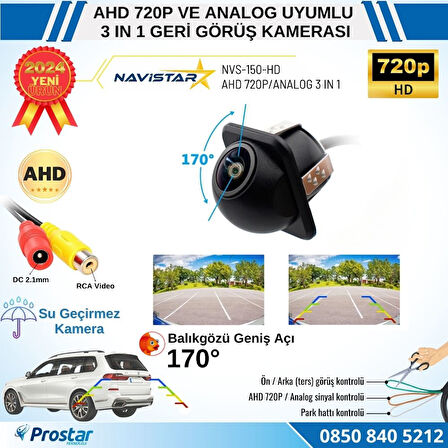 AHD 720P ve Analog Pal Çevrilebilir 170 Derece Balıkgözü Geniş Açılı  Geri Görüş Kamerası