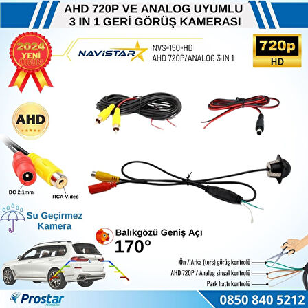 AHD 720P ve Analog Pal Çevrilebilir 170 Derece Balıkgözü Geniş Açılı  Geri Görüş Kamerası