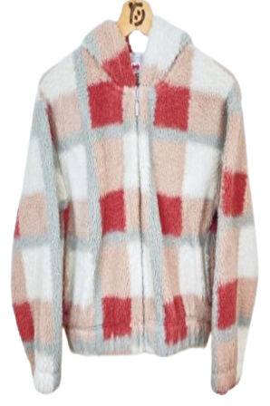 Kız Çocuk Kapüşonlu Ekose Desenli Pelüş Hırka – Fermuarlı, Cepli, Yumuşak Doku