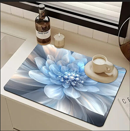 55 CM x 45 CM MAVİ İNCİ ÇİÇEK DESENLİ TEZGAH ÜSTÜ BULAŞIK KURUTMA MATI BULAŞIKLIK KURUTMA ÖRTÜSÜ