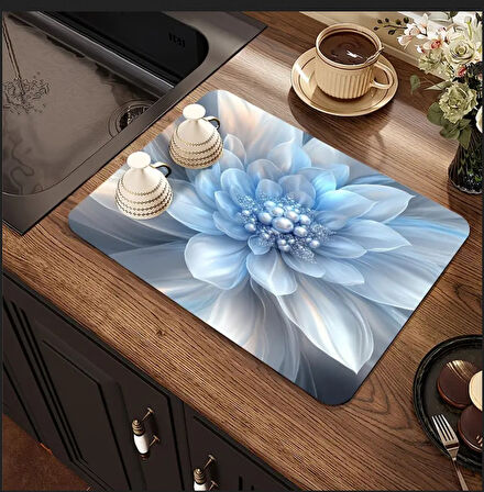 55 CM x 45 CM MAVİ İNCİ ÇİÇEK DESENLİ TEZGAH ÜSTÜ BULAŞIK KURUTMA MATI BULAŞIKLIK KURUTMA ÖRTÜSÜ