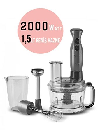 Karaca PRO-2000W Turbo Doğrayıcı, Dilimleme Rondo, Blender - İkili çelik mikser, Buz Kırıcı Mutfak Robotu