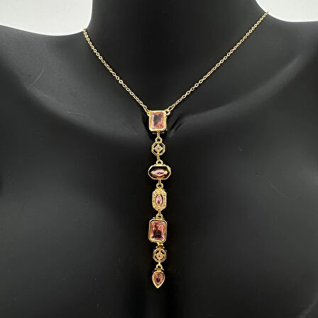 Çelik Yedi Elemen Y Kolye Gold Pembe Taş Detay  - Gold