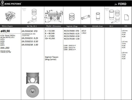 Ford Motor Piston+segmanı ( Riken )  89,90+0,50mm Cap Transıt 2,4 DI Transıt 2,4 Tde D2fa-D2fb-D2fe-D4fa - Kingpiston 18-2550233