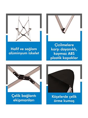 Box&Box Alüminyum Katlanabilir Kamp Sandalyesi, Piknik Sandalyesi, Taşıma Çantalı, Kumaş, Siyah