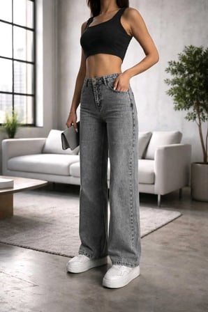 Hsn Kadın Füme Salaş Likralı Bel Salaş Jean Pantolon New Sezon-2