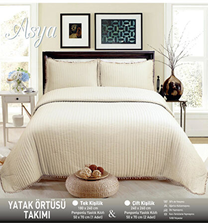 ASYA PONPONLU YATAK ÖRTÜSÜ SETİ ÇİFT KİŞİLİK BEJ 8696474231823