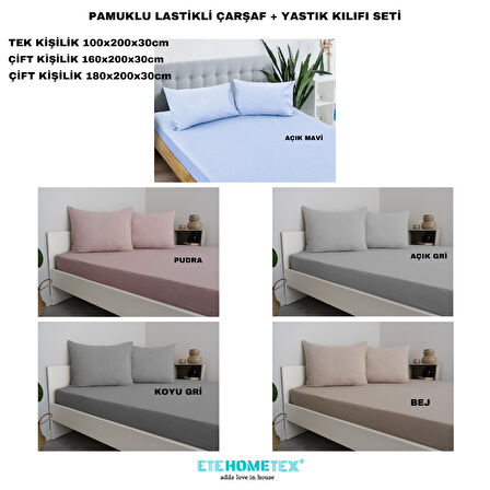 ETE HOMETEX Çift Kişilik Pamuklu Lastikli Çarşaf Takımı 180x200x30cm AÇIK GRİ 8696474231829