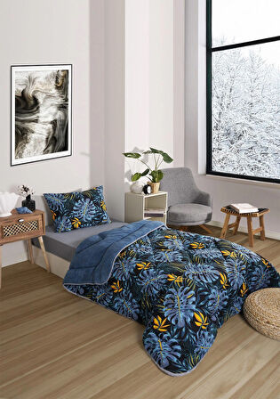 ETE HOMETEX TEK KİŞİLİK LÜX WELSOFT YORGAN SETİ MONESTERA İNDİGO 155X215CM 8696474231888