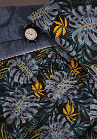 ETE HOMETEX TEK KİŞİLİK LÜX WELSOFT YORGAN SETİ MONESTERA İNDİGO 155X215CM 8696474231888