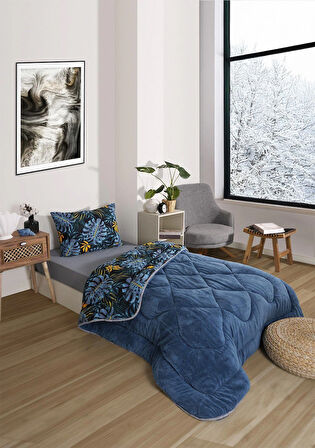 ETE HOMETEX TEK KİŞİLİK LÜX WELSOFT YORGAN SETİ MONESTERA İNDİGO 155X215CM 8696474231888