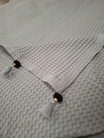 ETEHOMETEX PONPONLU PAMUK PİKE ÇİFT KİŞİLİK 220X240CM GRİ 8696474231903