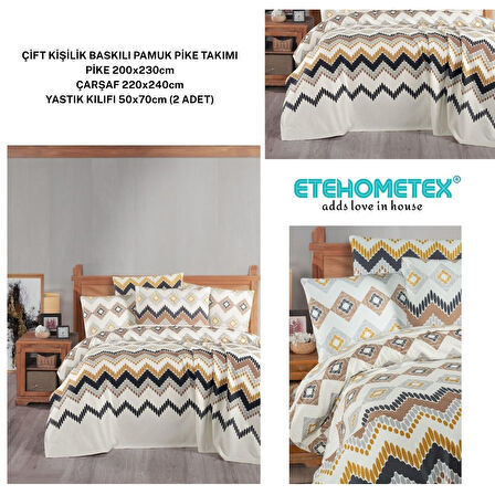 ETEHOMETEX ÇİFT KİŞİLİK BASKILI PAMUK PİKE TAKIMI COZA  8696474231922