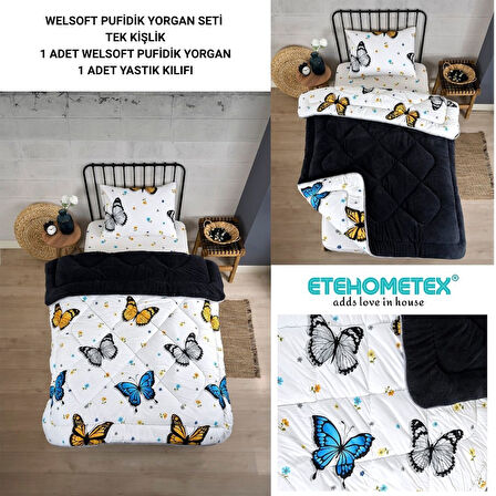 ETE HOMETEX TEK KİŞİLİK LÜX WELSOFT YORGAN SETİ KELEBEK ANTRASİT 155X215CM 8696474231929