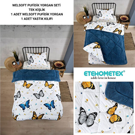 ETE HOMETEX TEK KİŞİLİK LÜX WELSOFT YORGAN SETİ KELEBEK İNDİGO 155X215CM 8696474231930