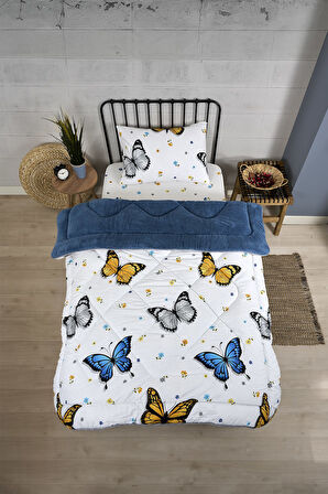 ETE HOMETEX TEK KİŞİLİK LÜX WELSOFT YORGAN SETİ KELEBEK İNDİGO 155X215CM 8696474231930