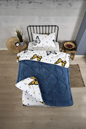 ETE HOMETEX TEK KİŞİLİK LÜX WELSOFT YORGAN SETİ KELEBEK İNDİGO 155X215CM 8696474231930
